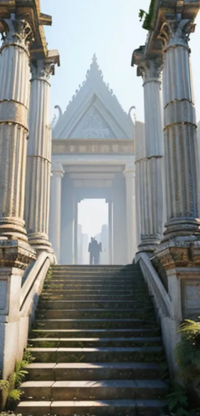 Steps leading to an ancient temple with striking pillars and lush greenery.