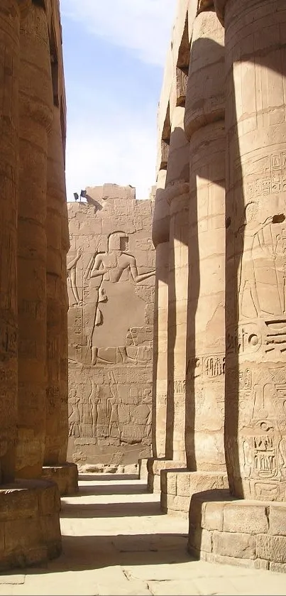 Ancient stone columns with carvings in warm earthy tones.