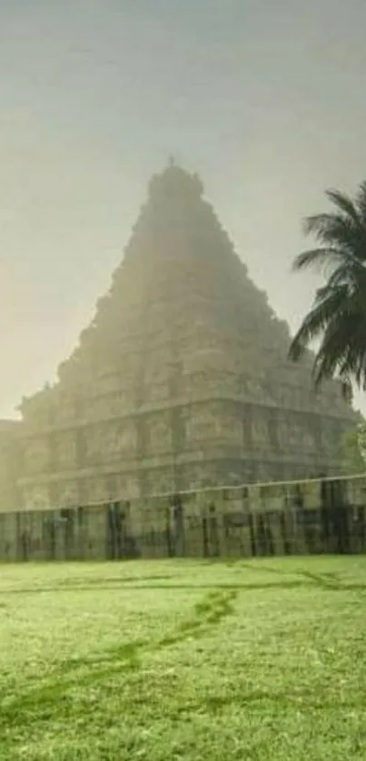 Ancient temple with misty sky and lush green surroundings.