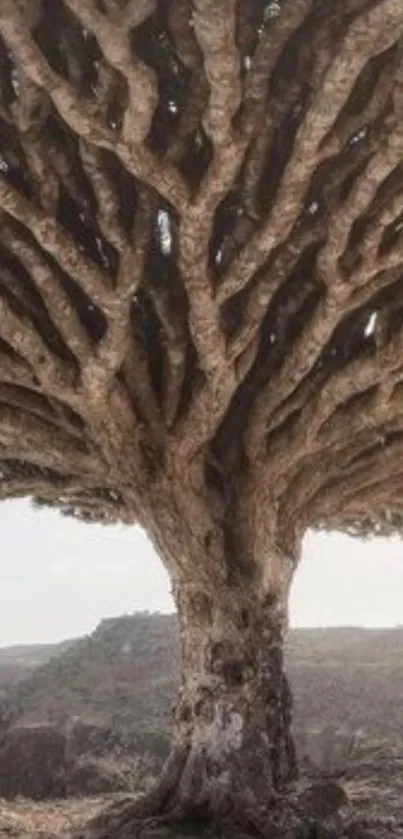 Majestic ancient tree with twisted branches dominating the landscape.