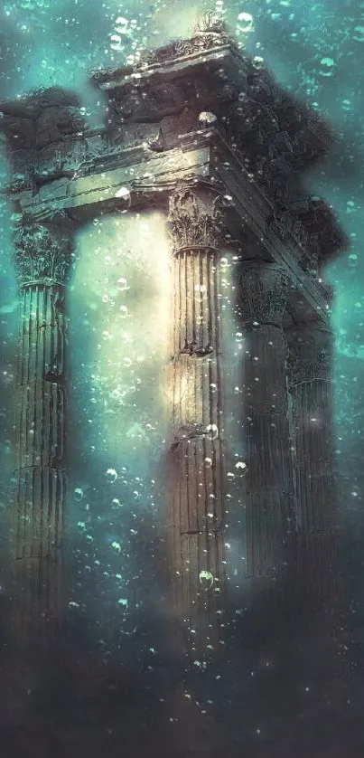 Underwater temple ruins in ethereal teal glow.