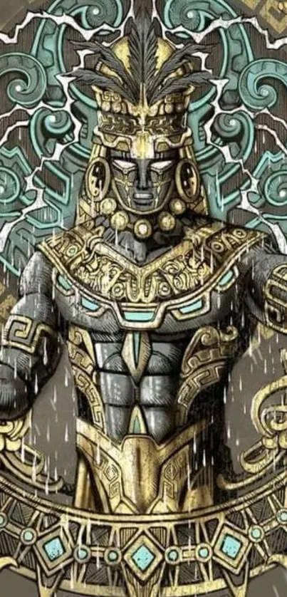 Intricate ancient warrior design with gold and teal details.