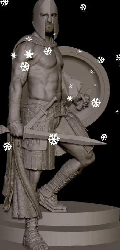 Ancient warrior statue in monochrome, with shield and sword.