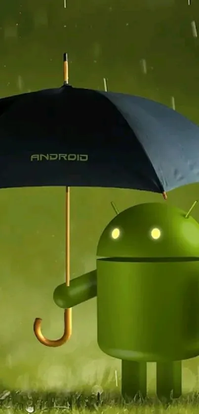 Android robot with umbrella in green rain.