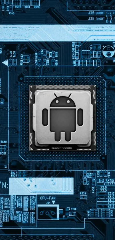 Android chip on blue circuit board wallpaper.