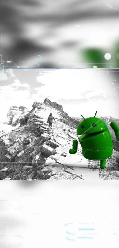 Android mascot on mountain landscape wallpaper.