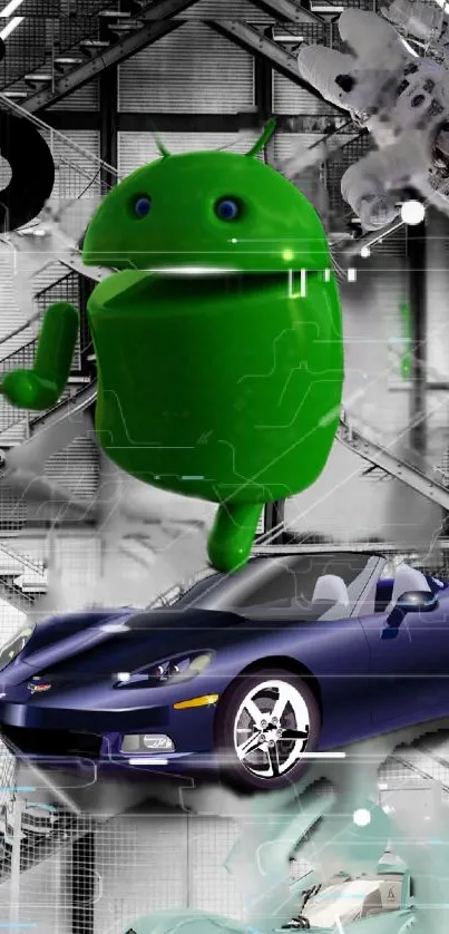 Android robot with car and futuristic background.