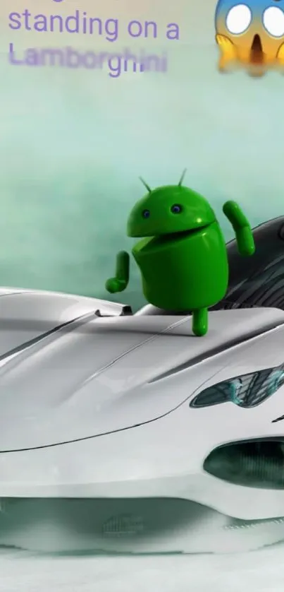 Green Android figurine on a white supercar hood.