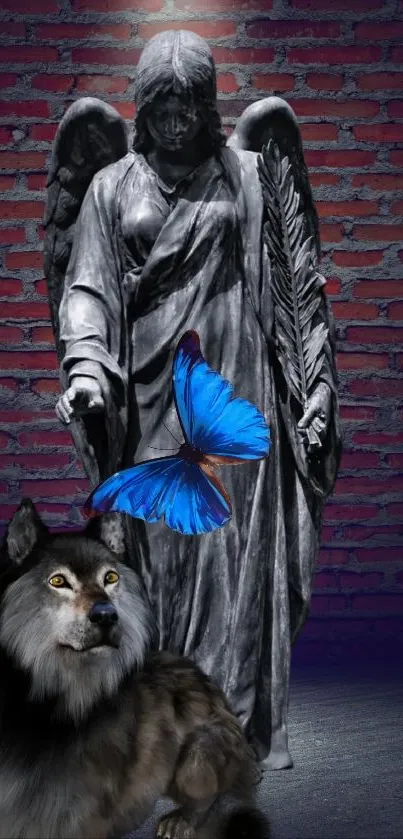 Angel statue with wolf and blue butterfly on brick wall.