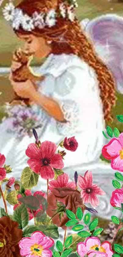 Angel with flowers in serene spring setting mobile wallpaper.