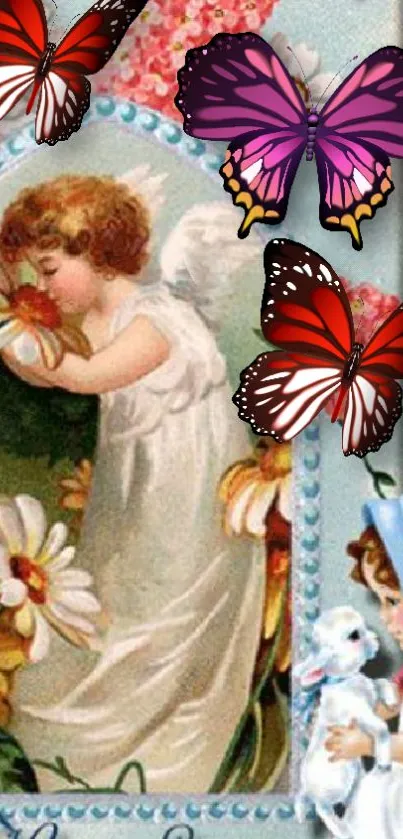 Charming angel with butterflies and flowers in a vintage-style wallpaper.