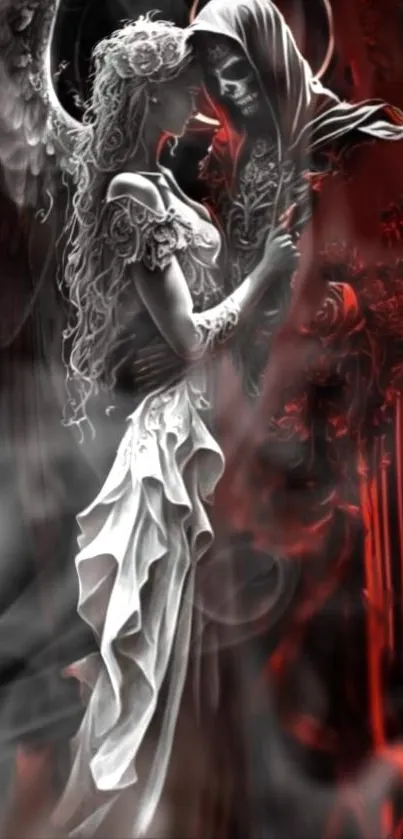 Angel and demon embrace in dramatic art wallpaper.