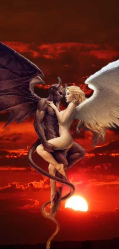 Angel and demon embrace at sunset with fiery red sky.