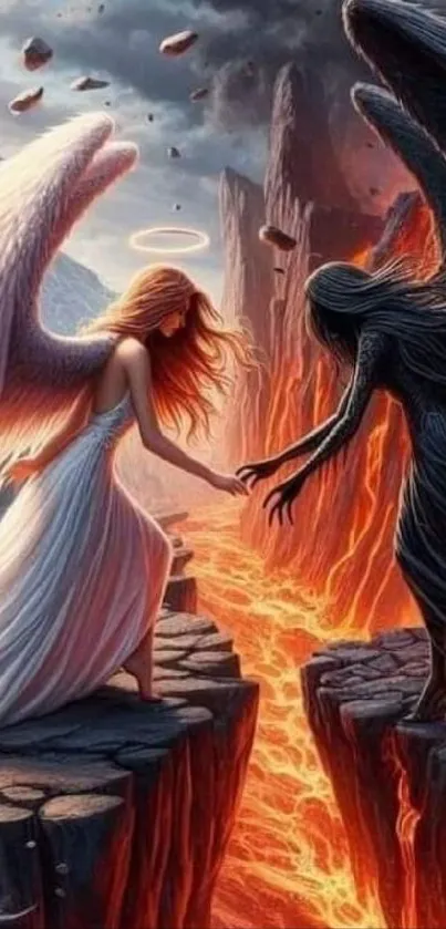 Illustrated angel and demon over fiery chasm in vibrant fantasy art.