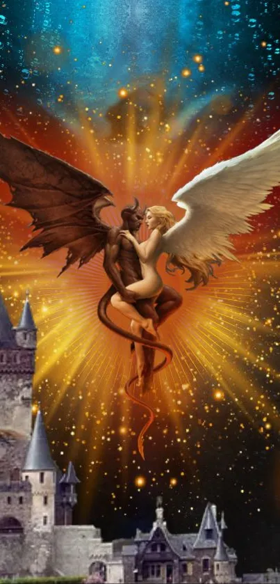 Angel and demon embracing with castle and cosmic backdrop.