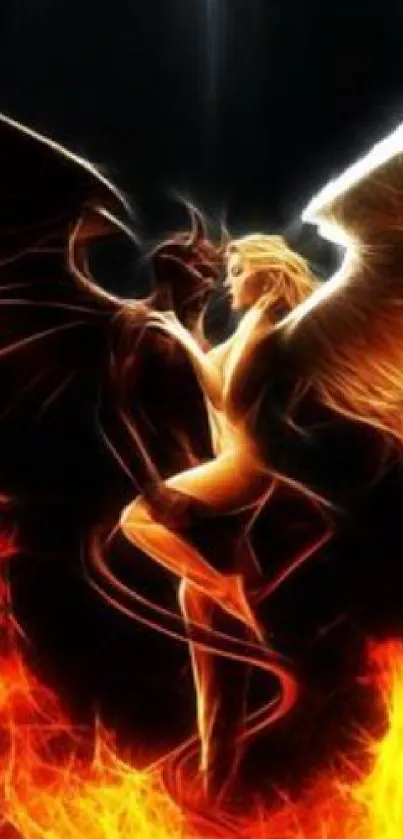 Angel and demon intertwined in fiery contrast.