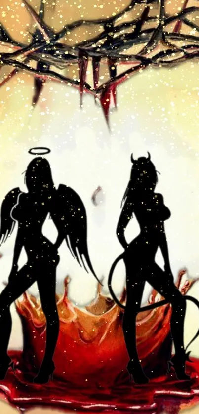 Angel and demon silhouettes in a striking wallpaper.