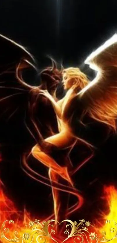 Angel and demon in fiery embrace with wings.