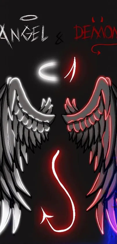 Angel and demon wings art with black background.