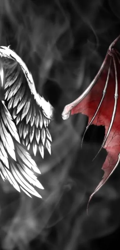 Wallpaper depicting angel and demon wings with a smoky background.