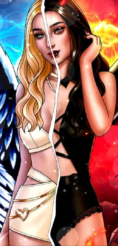 Dual angel and devil themed mobile wallpaper.