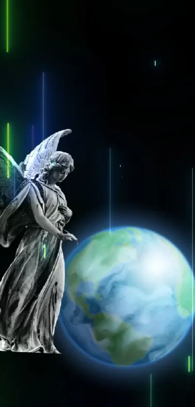 Angel statue with Earth on black background mobile wallpaper.