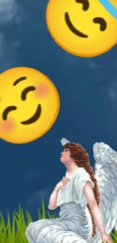 Angel kneeling with emojis in sky background wallpaper.