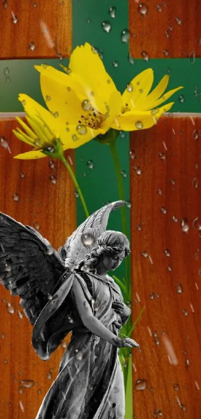 Stone angel with yellow flower and cross mobile wallpaper.