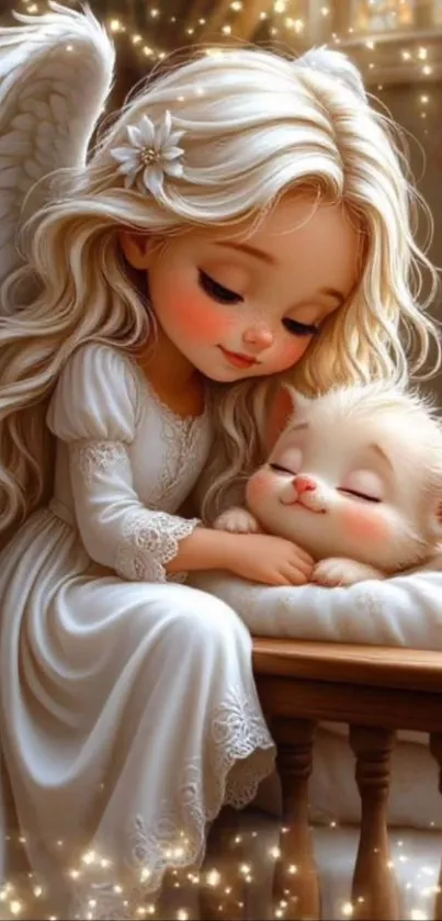 Angel sitting with sleeping kitten, serene and magical.