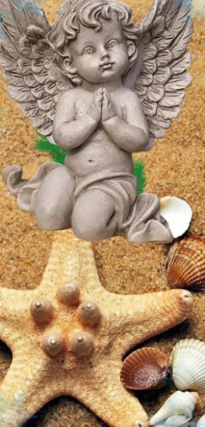 Angel statue with shells and starfish on a sandy beach setting.