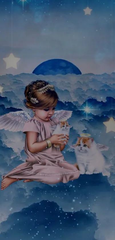 Angelic child with stars and cat in celestial cloudscape.