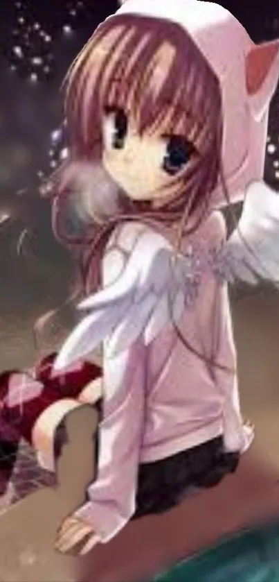 Anime girl with angel wings in a hoodie sitting.