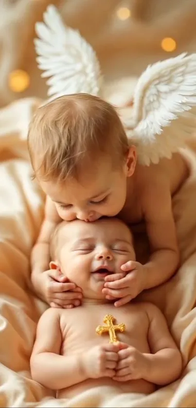 Two angelic babies with wings sleeping peacefully.