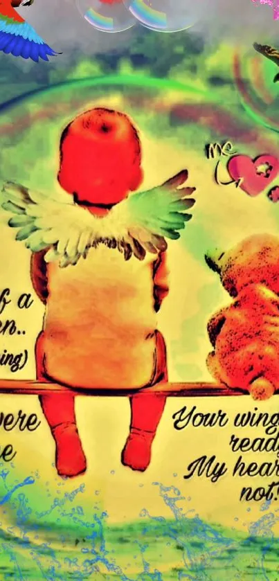 Angel baby and teddy bear with heartfelt text in vibrant colors.