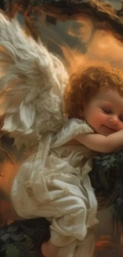 Angelic baby with wings nestled in nature, exuding serenity and innocence.