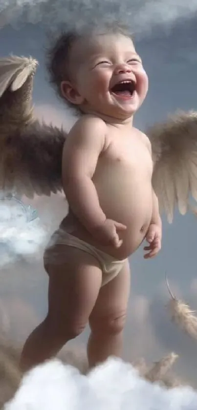 A joyful baby with angel wings in a cloudy sky.