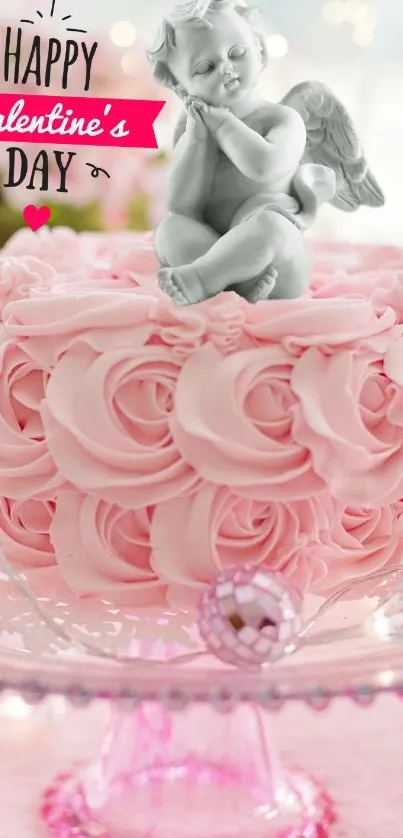 Valentine's Day cake with angel cherub on top and pink roses.