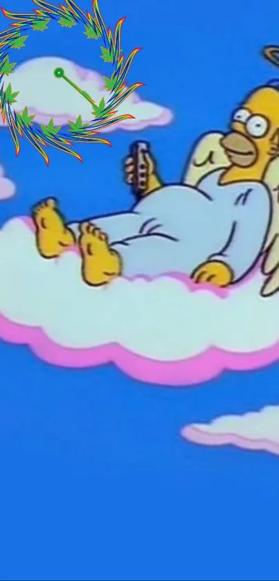 Cartoon angel relaxing on clouds in bright blue sky.