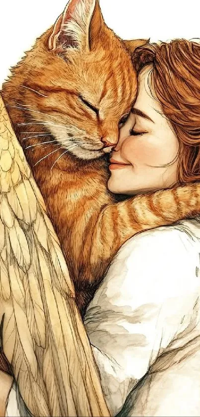 Woman hugging a winged cat with angelic embrace.