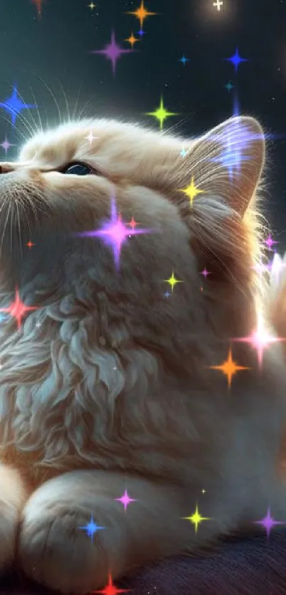 Fluffy cat with wings gazing at a starry night sky.