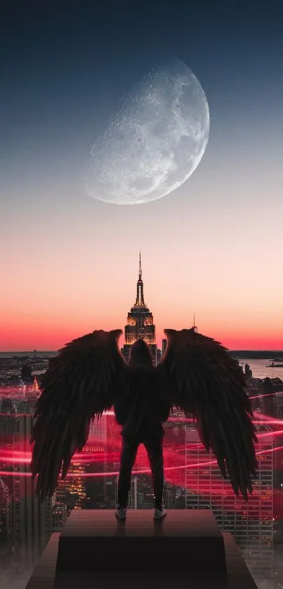 A mystical angel stands overlooking a cityscape at sunset under a crescent moon.