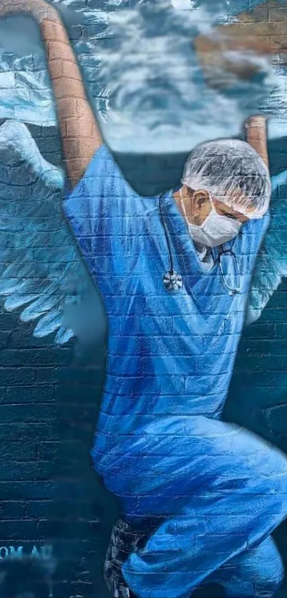 Street art depicting an angelic doctor with wings, wearing blue scrubs.