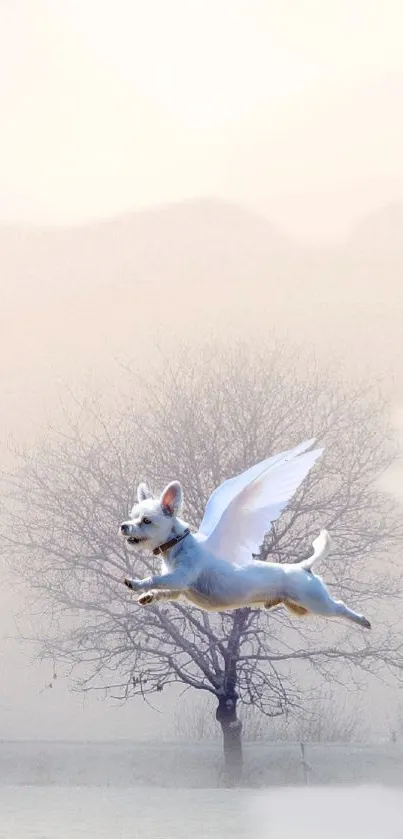 Dog with angel wings flying in misty landscape.