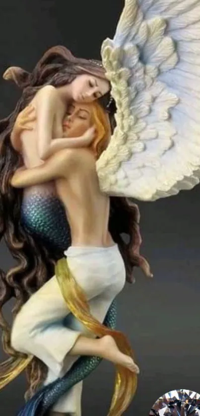 Fantasy art of angel embracing a mermaid in an ethereal scene.