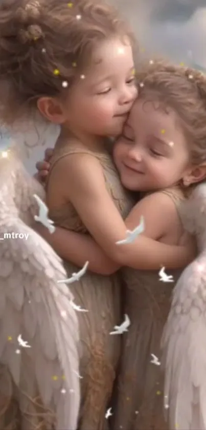 Two angelic children embrace with wings in a soft, dreamy background.