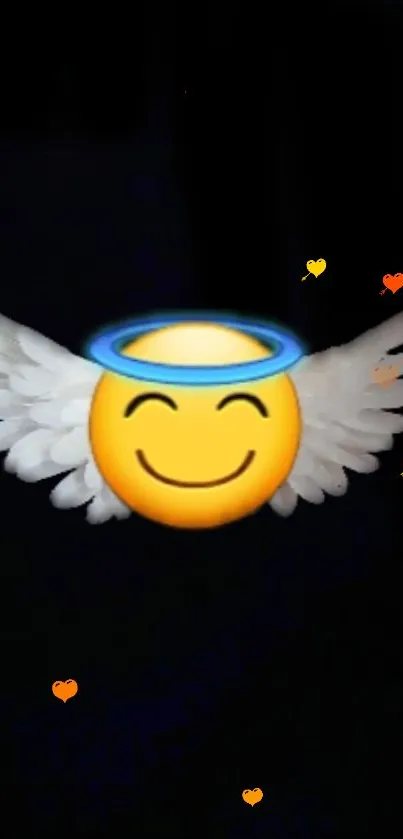 Angel emoji with halo and wings on a black background with heart accents.