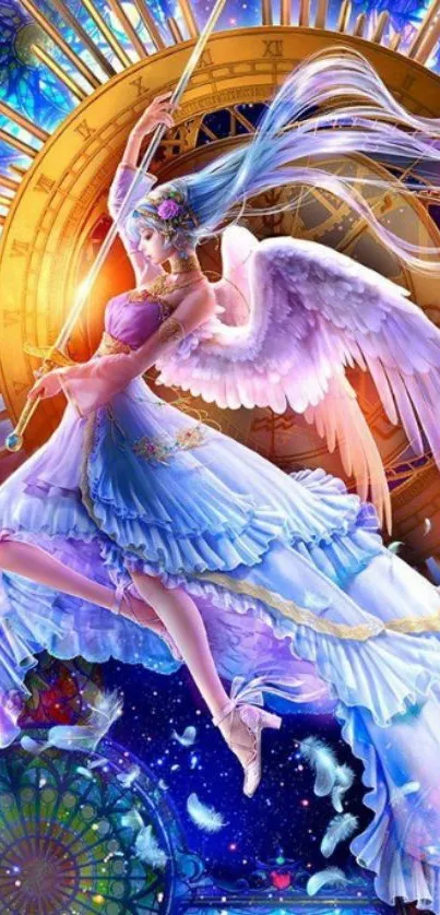 Fantasy art of an angel with pink wings and celestial background.