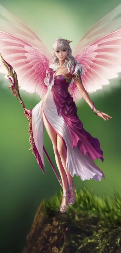 Beautiful angel with pink wings on green background in fantasy art style.