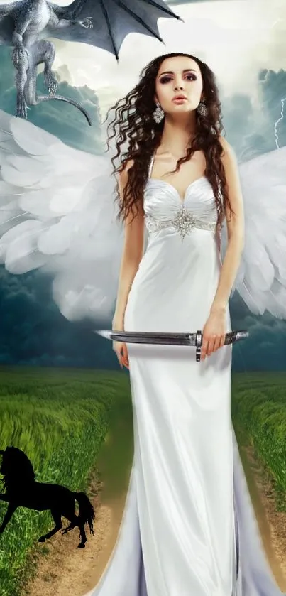 Fantasy angel with wings in field and mystical creatures.