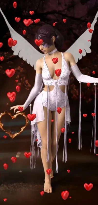 Fantasy angel with wings and hearts wallpaper.